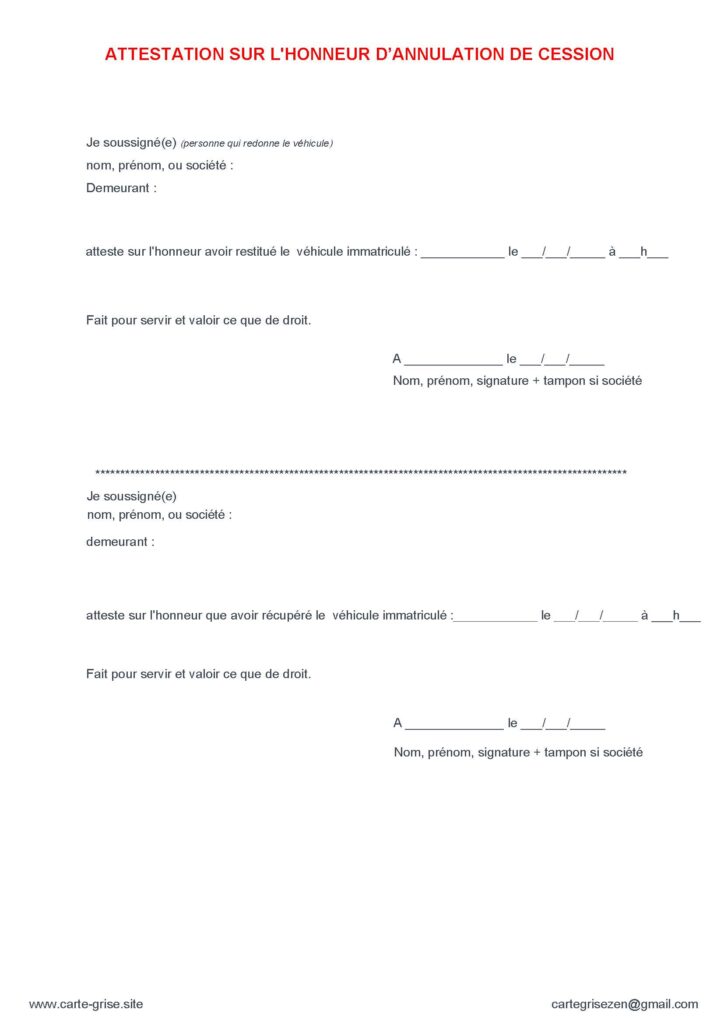 Attestation annulation cession