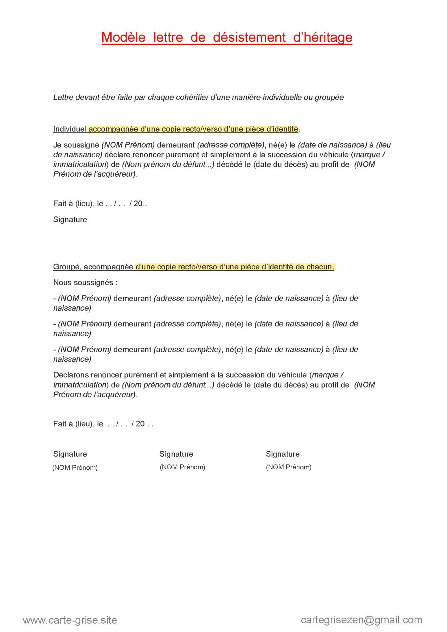 Lettre De Desistement Heritage Voiture